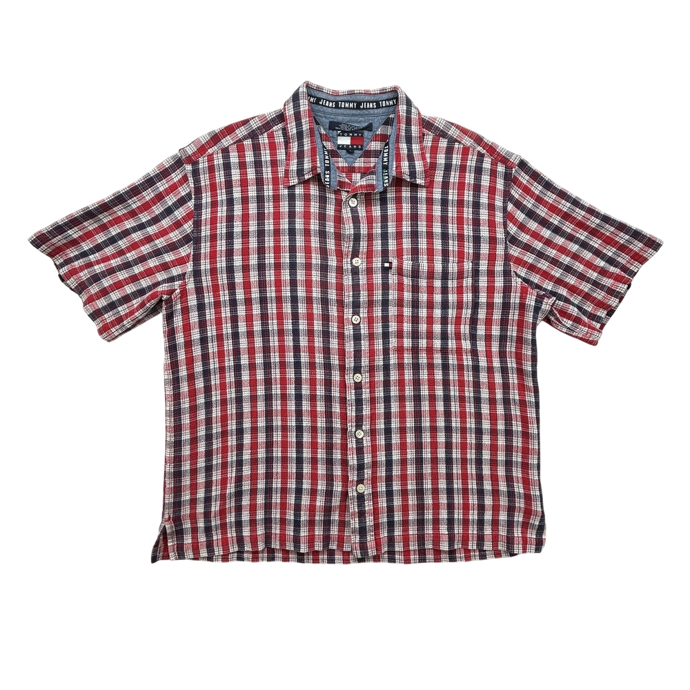 Tommy Jeans Shirt Mens XL Plaid Button Up Red Blue White Short Sleeve Pocket